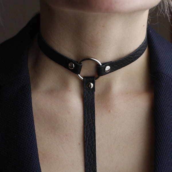 Black Leather choker, O ring choker, O ring choker soft faux leather - choker collar black leather O ring choker with silver O ring