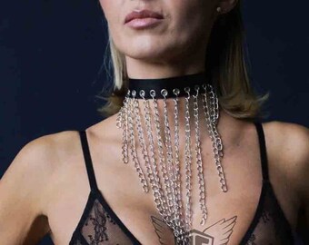 Chain choker, Chain Choker Necklace, Stainless Steel,  leather choker, biker choker, black chain choker, choker collar, leather wide choker,