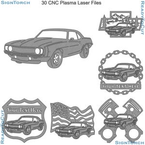 May include: A collection of 30 CNC plasma laser files featuring classic car designs. The designs include a full car profile, cars within frames, a car with an American flag, and designs with text areas. The designs are ready to cut.