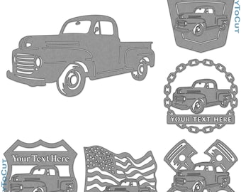 May include: A selection of 49 CNC plasma laser files showcasing vintage truck designs. The designs include a full truck silhouette, a Ford logo, and variations with chain links, an American flag, and space for custom text.
