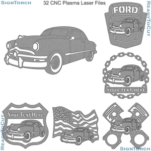May include: A set of 32 CNC plasma laser files for cutting out various designs featuring a vintage car. The designs include a car with a 'FORD' emblem, a car with a chain border, a car with a text box, a car with an American flag, and a car with pistons.