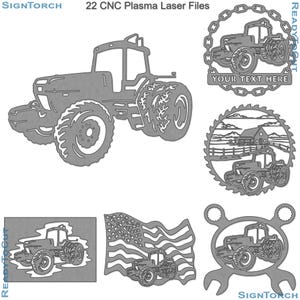 May include: A collection of 22 CNC plasma laser files featuring tractor designs. The designs include a detailed tractor outline, a tractor within a chain circle, a tractor with an American flag, and other tractor-themed cutouts.