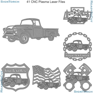 May include: A set of 41 CNC plasma laser cut files featuring a vintage pickup truck in various designs. The designs include a truck with an American flag, a truck with a chain link border, a truck with a mountain scene, and a truck with a piston design. The files are ready to cut and can be used for a variety of projects.