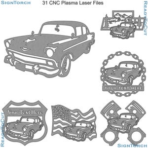 May include: A set of 31 CNC plasma laser cut files featuring a classic car design in various styles. The designs include a car with a mountain scene, a car with a chain border, a car with a US flag, a car with a road sign, and a car with engine pistons.