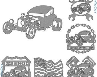 Puede incluir: Una colección de 32 archivos láser de plasma CNC con diseños de coches hot rod estilizados. Los diseños incluyen un coche clásico, un emblema de rat rod, una bandera americana con un coche y otros gráficos temáticos de coches. Los archivos están listos para cortar.