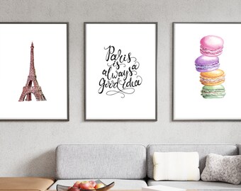 Paris Set of 3 Prints, Pink Printable Wall Art, Paris is always a good idea Wall Art, Eiffel Tower, Macarons Wall Art, French Quote Prints