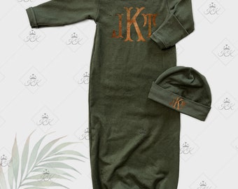Monogrammed baby gown set with beanie hat, newborn baby gown, going home baby outfit, preemie size available,