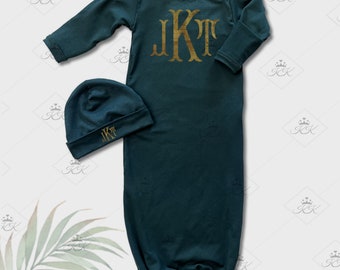 Monogrammed baby gown set with beanie hat, newborn baby gown, going home baby outfit, preemie size available,