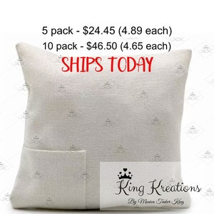 May include: A white pillow with a pocket on the front. The pillow is made of a textured fabric. The text "SHIPS TODAY" is printed in red on the pillow. The text "King Kreations By Monica Tinker King" is printed in black at the bottom of the pillow.