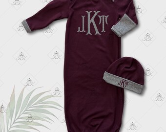 Monogrammed baby gown set with beanie hat, newborn baby gown, going home baby outfit, preemie size available,