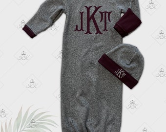 Monogrammed baby gown set with beanie hat, newborn baby gown, going home baby outfit, preemie size available,