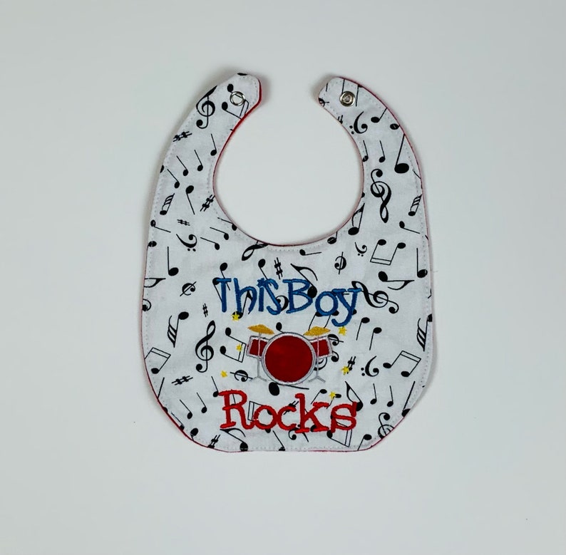 Embroidered Drums on Music Notes Fabric Baby Bib this Boy Etsy