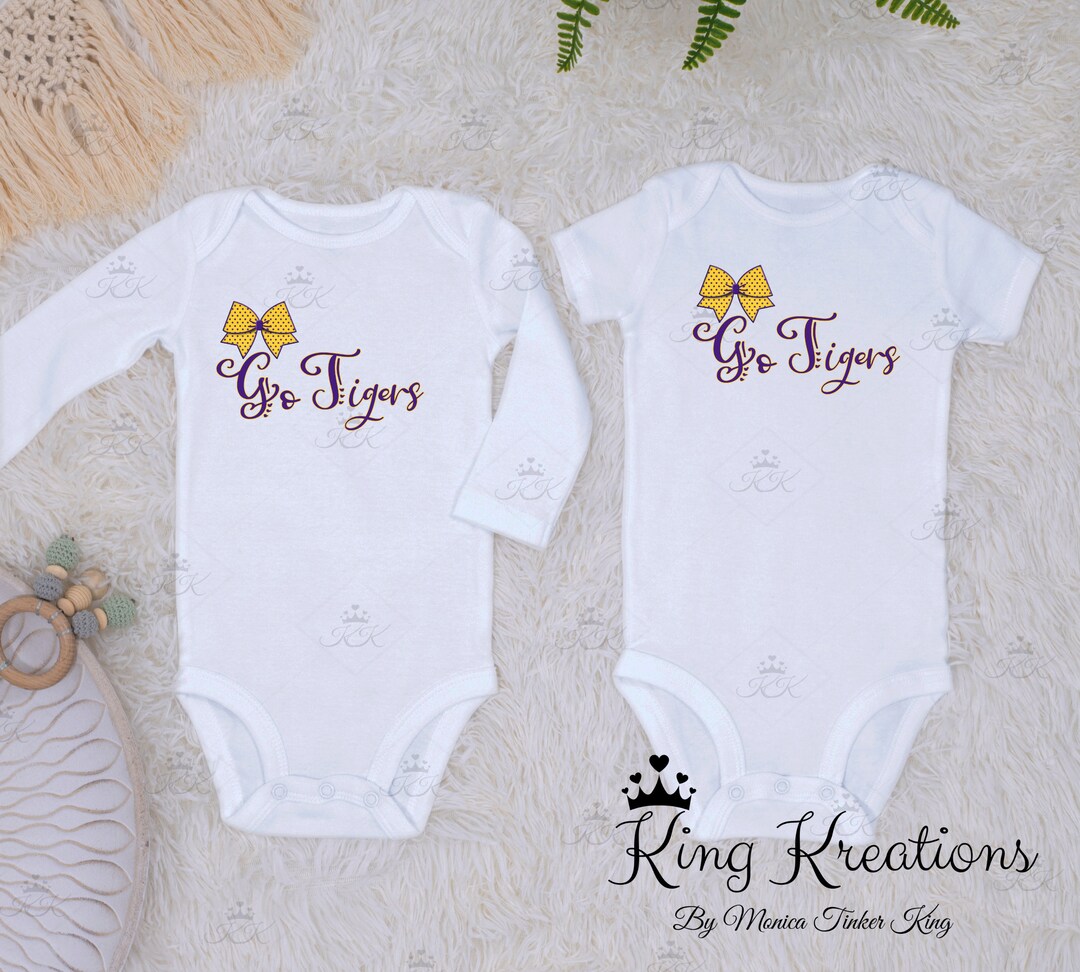 Go Tigers Polka Dot Bow Tee, Sports Baby Clothes Onesie, Go Tigers Baby Onesie, Purple and Gold