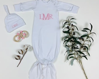 Monogrammed  embroidered baby knotted gown, personalized top knot hat, baby gown, going home baby outfit, preemie size available,