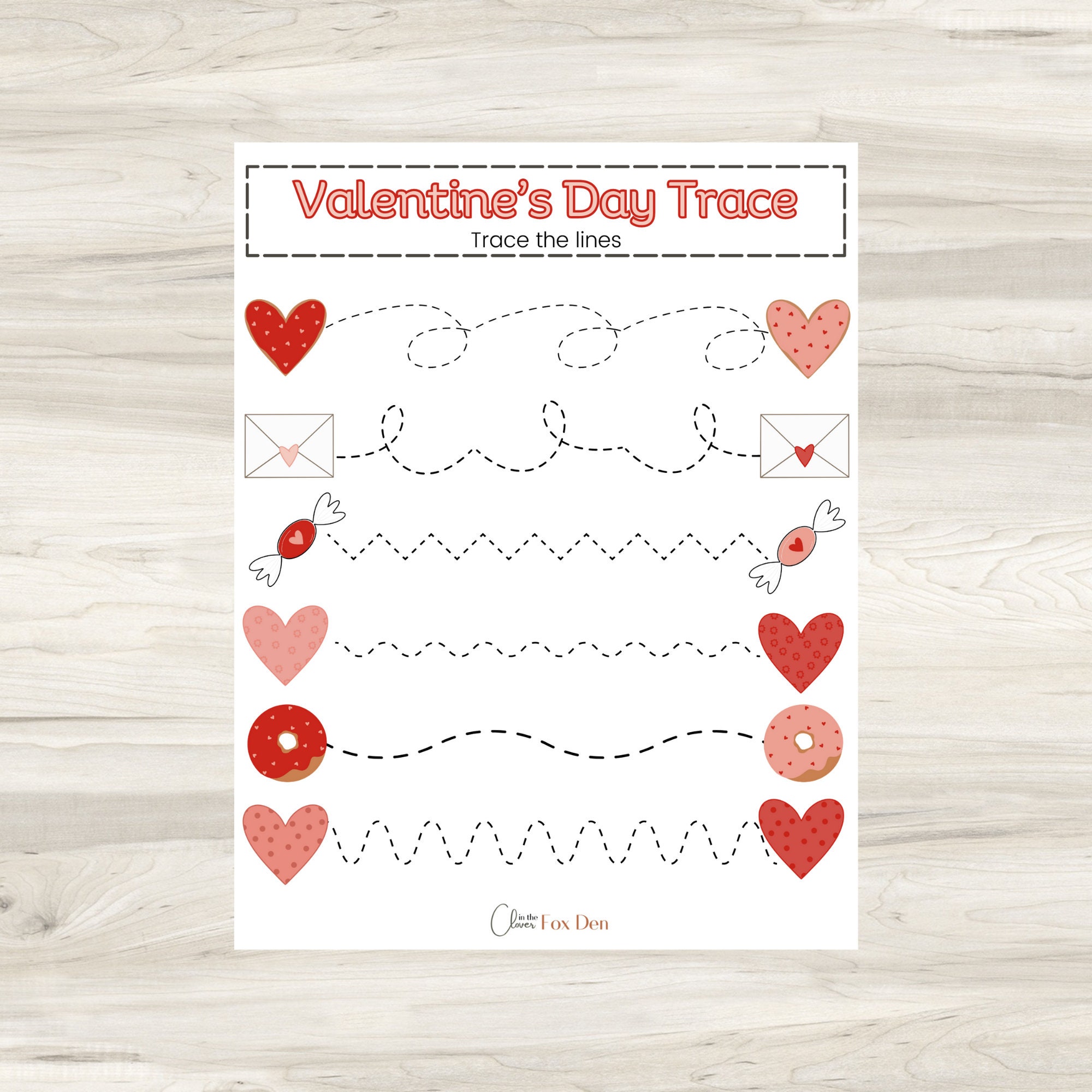 Valentine's Day Trace Worksheet, Heart Printable Digital Download. Pre