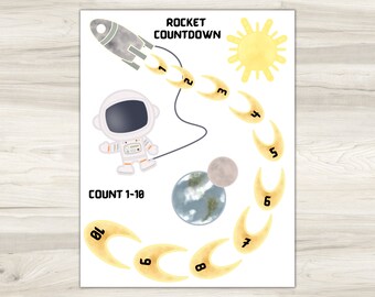 Rocket Countdown Worksheet, Space Printable Digital Download. Pre-K Worksheets, Preschool and Kindergarten Practice Educational Game