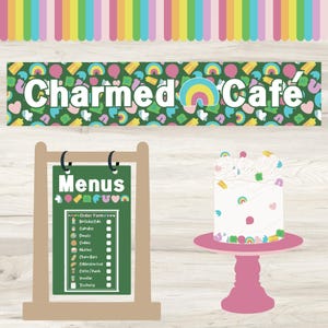 May include: A green chalkboard sign with the word "Menus" written in white. The sign has a list of items for sale, including birthday cake, cupcakes, donuts, muffins, charm bars, celebration loaf, coffee/tea, cookies, and tea party. The sign is on a wooden stand with a green and white pattern.
