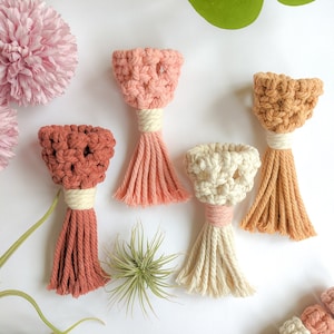 May include: Five handmade macrame plant hangers in various colors, including pink, beige, brown, and orange. Each hanger features a small woven pot and a long tassel.