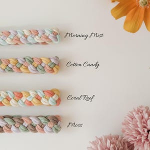 May include: Four braided cords arranged horizontally. The top cord is labeled Morning Mist in pastel tones. The second is Cotton Candy with yellow, pink, and green. The third is Coral Reef in peach and blue. The bottom is Moss in earth tones.