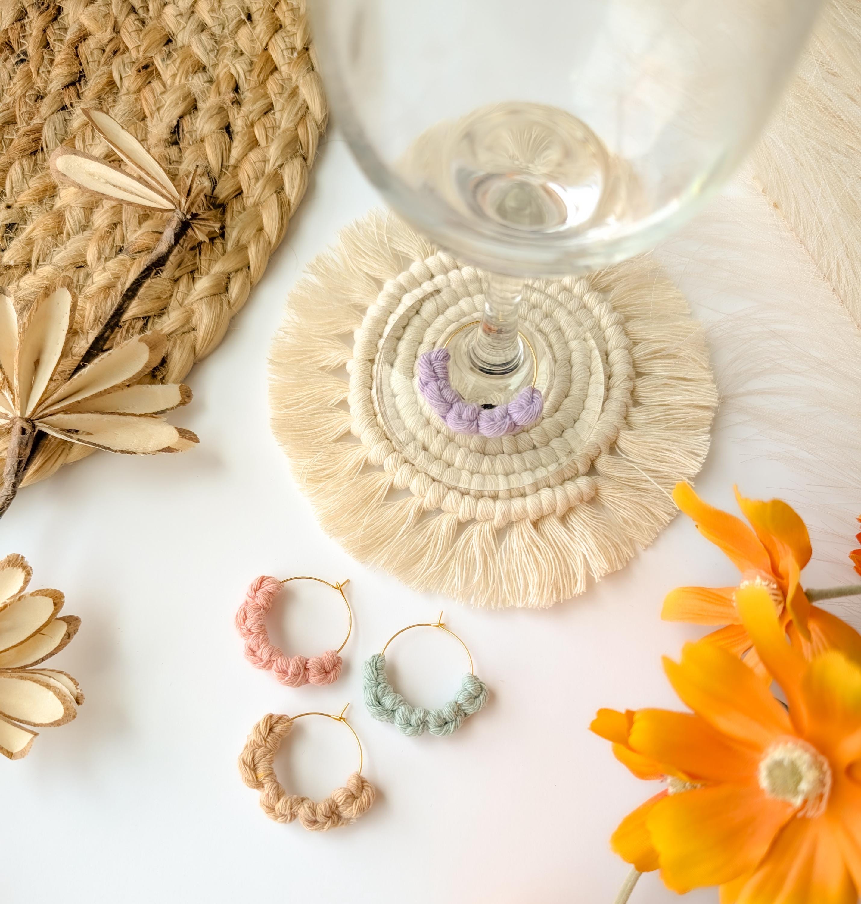 Macrame Wine Glass Charms: Boho Spring Table Decor, Set of 4