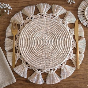 Woven Place Mats and Coasters - Boho Table Decor - Handmade Wedding or Housewarming Gift - Minimalist Textile Dining Mats - Macrame Decor