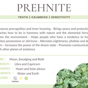 May include: A close-up of a pile of green prehnite stones. The text "PREHNITE" is at the top of the image, with the words "TRUTH | CALMNESS | SENSITIVITY" below it. The text "CARE: Moon, Smudging and Reiki" is in the lower left corner of the image. The text "ZODIACS: Libra and Capricorn" is below it. The text "CHAKRAS: Heart and Solar plexus" is below that. The text "ELEMENTS: Water and Earth" is below that. The text "COLORS: Colorless" is below that.