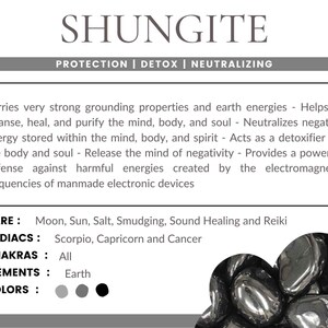 May include: Shungite crystal, a black, metallic stone, known for its grounding and detoxifying properties. The text on the image reads "Shungite, Protection | Detox | Neutralizing".