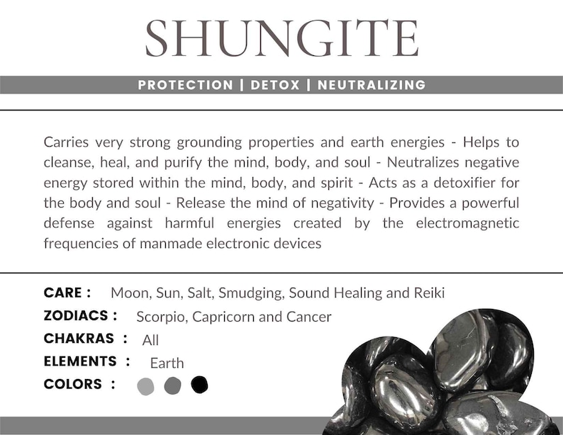 May include: Shungite crystal, a black, metallic stone, known for its grounding and detoxifying properties. The text on the image reads "Shungite, Protection | Detox | Neutralizing".