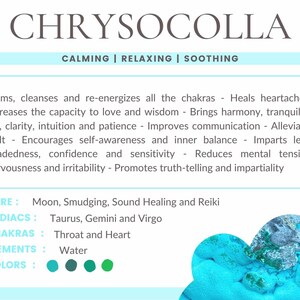 May include: Chrysocolla crystal with the text "Calming | Relaxing | Soothing" and a description of its healing properties. The text also lists the zodiac signs, chakras, elements, and colors associated with the crystal.