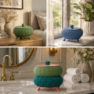 May include: Decorative lidded jars in various colors, including green, blue, and teal. The jars have textured surfaces and are displayed in different settings, such as a bedroom and a bathroom. The jars are round with small feet.