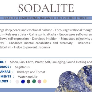 May include: Sodalite crystal with a blue and white color pattern. The text "SODALITE" is at the top of the image. The text "CLARITY | EMOTIONAL BALANCE | INTUITION | TRUTH" is below the word "SODALITE". The text "CARE: Moon, Sun, Earth, Water, Salt, Smudging, Sound Healing and Reiki" is at the bottom of the image. The text "ZODIACS: Sagittarius" is below the text "CARE". The text "CHAKRAS: Third eye and Throat" is below the text "ZODIACS". The text "ELEMENTS: Water and Air" is below the text "CHAKRAS". The text "COLORS:" is below the text "ELEMENTS". There are six colored circles below the text "COLORS:".