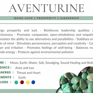 May include: Green aventurine tumbled stones, known for good luck, prosperity, and leadership. The text "AVENTURINE GOOD LUCK | PROSPERITY | LEADERSHIP" is at the top of the image. The text "CARE: Moon, Earth, Water, Salt, Smudging, Sound Healing and Reiki" is below the image of the stones. The text "ZODIACS: Aries and Leo" is below the text "CARE". The text "CHAKRAS: Throat and Heart" is below the text "ZODIACS". The text "ELEMENTS: Earth" is below the text "CHAKRAS". The text "COLORS:" is below the text "ELEMENTS". There are five colored circles below the text "COLORS:" representing the colors of aventurine.