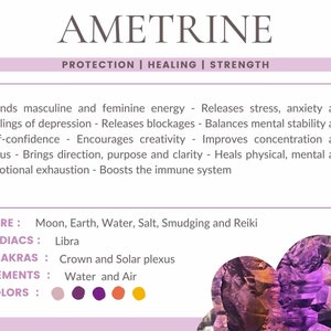 May include: Ametrine crystal with purple, pink, and orange hues. The text "Ametrine" is at the top of the image. The text "Protection | Healing | Strength" is below the word "Ametrine". The text "CARE: Moon, Earth, Water, Salt, Smudging and Reiki" is below the text "Protection | Healing | Strength". The text "ZODIACS: Libra" is below the text "CARE: Moon, Earth, Water, Salt, Smudging and Reiki". The text "CHAKRAS: Crown and Solar plexus" is below the text "ZODIACS: Libra". The text "ELEMENTS: Water and Air" is below the text "CHAKRAS: Crown and Solar plexus". The text "COLORS:" is below the text "ELEMENTS: Water and Air". Five coloured circles are below the text "COLORS:". The circles are pink, purple, dark purple, orange, and yellow.