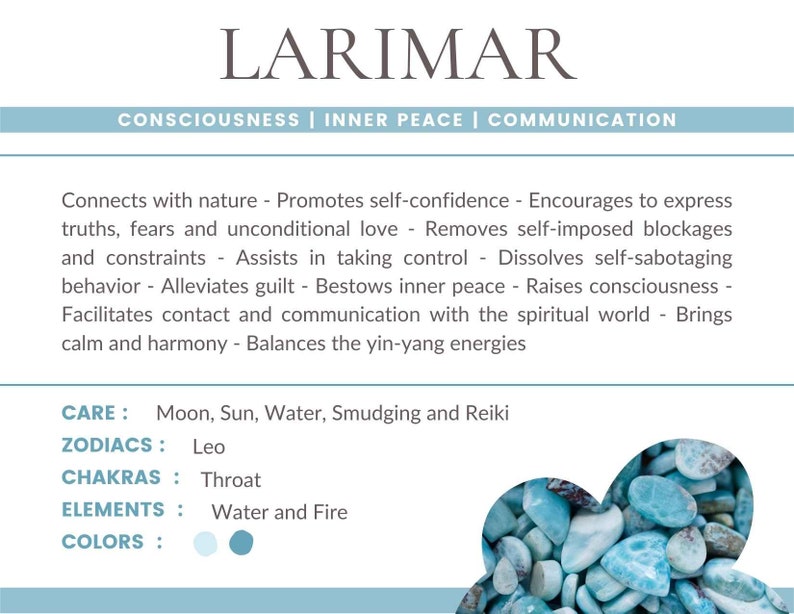Peut inclure: Cristal de Larimar, une pierre pr&eacute;cieuse bleu-vert, est connue pour ses propri&eacute;t&eacute;s calmantes et curatives. Elle est associ&eacute;e au chakra de la gorge et aux &eacute;l&eacute;ments de l'eau et du feu. L'image montre un gros plan d'une collection de cristaux de Larimar.