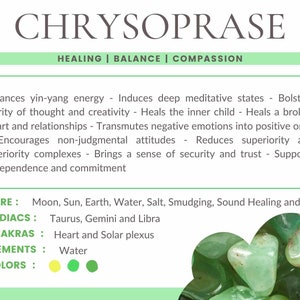 K&ouml;nnte beinhalten: Nahaufnahme von gr&uuml;nen Chrysopras-Steinen, die f&uuml;r ihre heilenden Eigenschaften bekannt sind. Der Text "CHRYSOPRASE" befindet sich oben im Bild, und der Text "HEALING | BALANCE | COMPASSION" befindet sich darunter. Der Text "CARE: Moon, Sun, Earth, Water, Salt, Smudging, Sound Healing and Reiki" befindet sich unten im Bild. Der Text "ZODIACS: Taurus, Gemini and Libra" befindet sich unter dem Text "CARE". Der Text "CHAKRAS: Heart and Solar plexus" befindet sich unter dem Text "ZODIACS". Der Text "ELEMENTS: Water" befindet sich unter dem Text "CHAKRAS". Der Text "COLORS:" befindet sich unter dem Text "ELEMENTS". Drei farbige Kreise befinden sich unter dem Text "COLORS:". Der erste Kreis ist gelb, der zweite Kreis ist gr&uuml;n und der dritte Kreis ist dunkelgr&uuml;n.