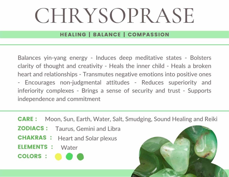 K&ouml;nnte beinhalten: Nahaufnahme von gr&uuml;nen Chrysopras-Steinen, die f&uuml;r ihre heilenden Eigenschaften bekannt sind. Der Text "CHRYSOPRASE" befindet sich oben im Bild, und der Text "HEALING | BALANCE | COMPASSION" befindet sich darunter. Der Text "CARE: Moon, Sun, Earth, Water, Salt, Smudging, Sound Healing and Reiki" befindet sich unten im Bild. Der Text "ZODIACS: Taurus, Gemini and Libra" befindet sich unter dem Text "CARE". Der Text "CHAKRAS: Heart and Solar plexus" befindet sich unter dem Text "ZODIACS". Der Text "ELEMENTS: Water" befindet sich unter dem Text "CHAKRAS". Der Text "COLORS:" befindet sich unter dem Text "ELEMENTS". Drei farbige Kreise befinden sich unter dem Text "COLORS:". Der erste Kreis ist gelb, der zweite Kreis ist gr&uuml;n und der dritte Kreis ist dunkelgr&uuml;n.
