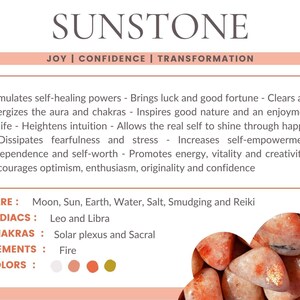 May include: A graphic featuring the word "SUNSTONE" in large letters, with the words "JOY | CONFIDENCE | TRANSFORMATION" below. The image includes information about the stone's properties, care, zodiac signs, chakras, elements, and colors.