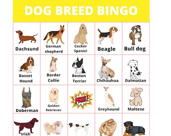 Dog Breed Bingo, Animal bingo For Kids