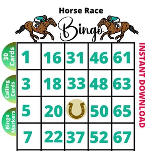 HORSE RACING 30 Bingo Karten, druckbare Kinder Bingo, Sofortiges Pferde Bingo druckbar, Pferde Bingo für Kinder, Pferde Bingo Spiel