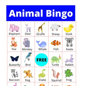 Tier Bingo Spiel für Kinder, Kinder Bingo Spiel Tiere, Sofortiges Tier Bingo Printable, Bingo Spiel mit Tieren für Kinder, 004