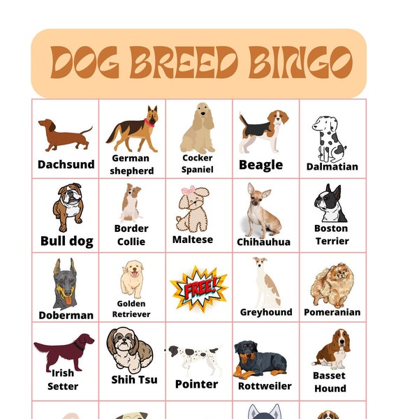 Printable Bingo Game with Large Cards, Dog Breed bingo Game ,Print and Play Bingo with Kids Fun Bingo game, Instant Dog Breed Bingo Game, 43