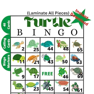 Schildkröten-Bingo-Spiel für Kinder und Erwachsene, Bingo-Spiel mit Bildern von Schildkröten, Bingo-Schildkröten-Spiel für Kinder und Erwachsene,