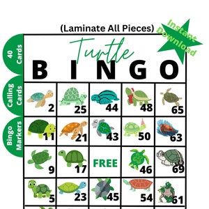 Schildkröten Bingo Spiel für Kinder und Erwachsene, Bingo Spiel zum sofortigen Download, Bingo Spiel mit Bildern von Schildkröten, Schildkröten Bingo, 001