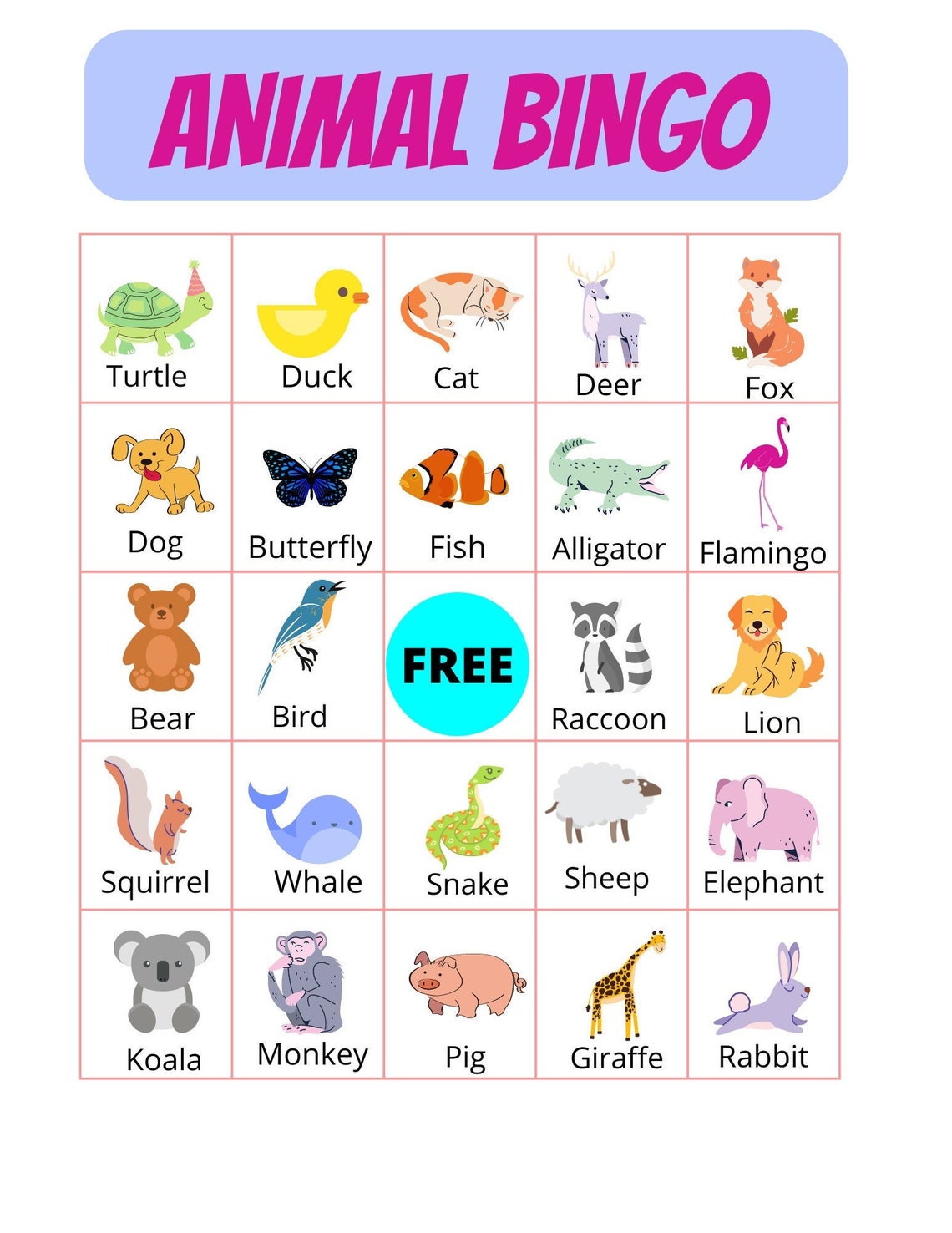 Bingo Calling Cards, Bingo Template, Instant Animal Bingo Printable