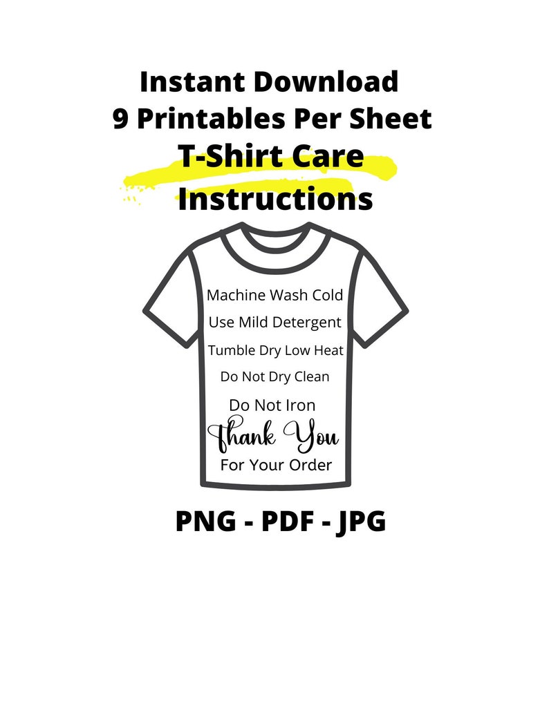 READY TO PRINT T-shirt Care Card, Printable T Shirt Care Instructions, T Shirt Care Instructions ...