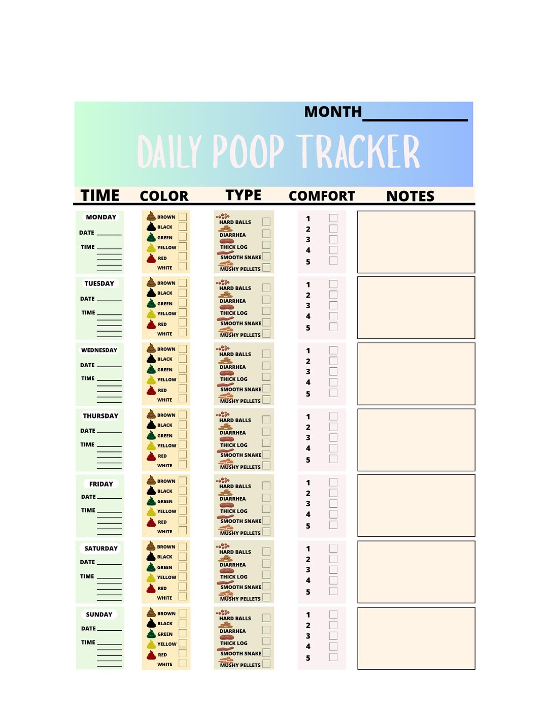 Pooping Routine Chart Poop Tracker Printable Sheets, Bowel Movement Journal Planner, Poop ...