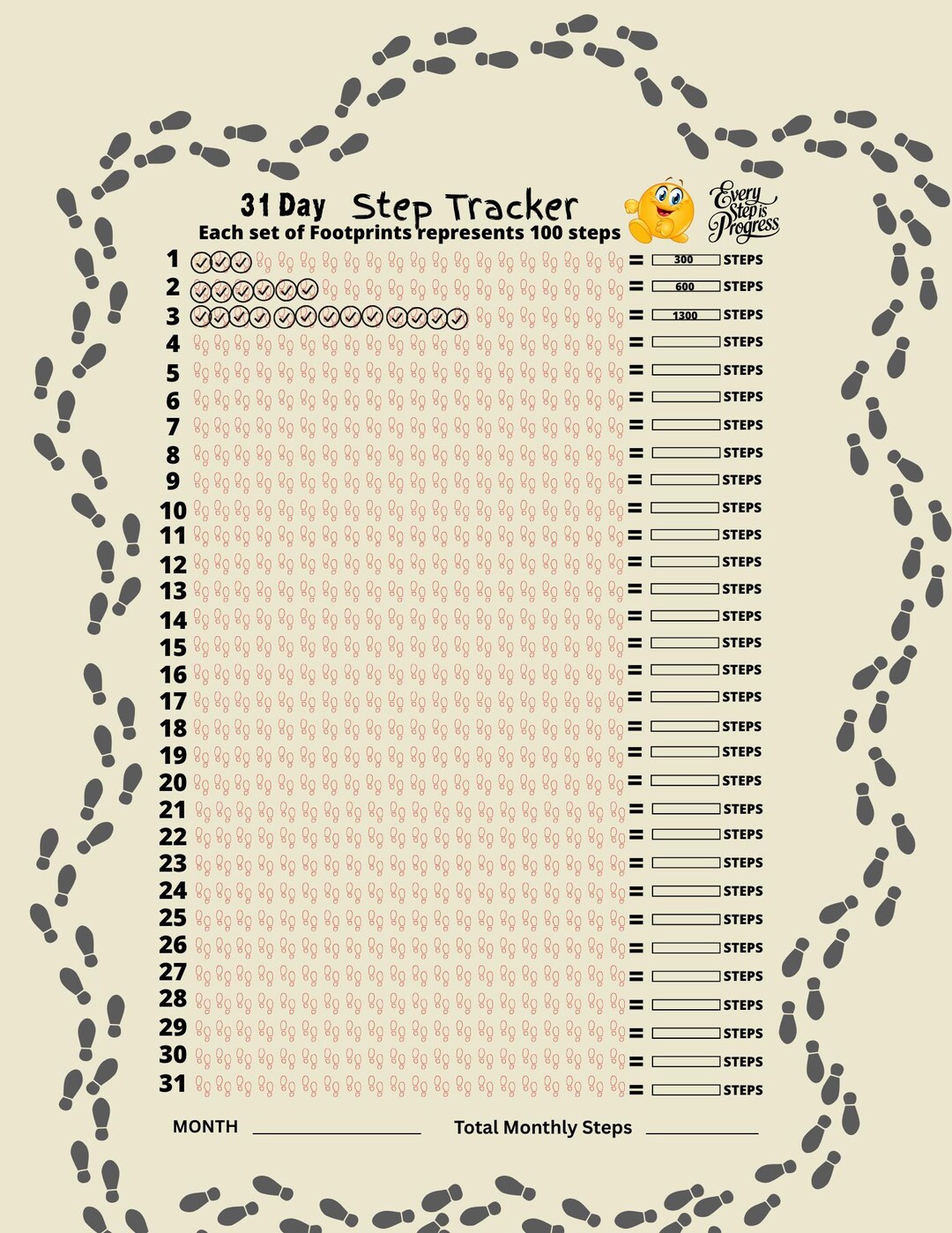 31 Day Step Tracker Monthly Challenge Printable, Walking Challenge ...