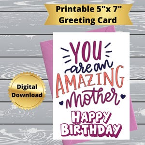 Cartão de aniversário para impressão para mãe, cartão de aniversário engraçado para impressão, cartão de aniversário digital com citação engraçada, cartão de felicitações 5x7, 39