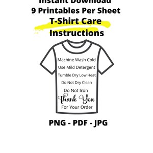 READY TO PRINT T-shirt Care Card, Printable T Shirt Care Instructions, T Shirt Care Instructions ...