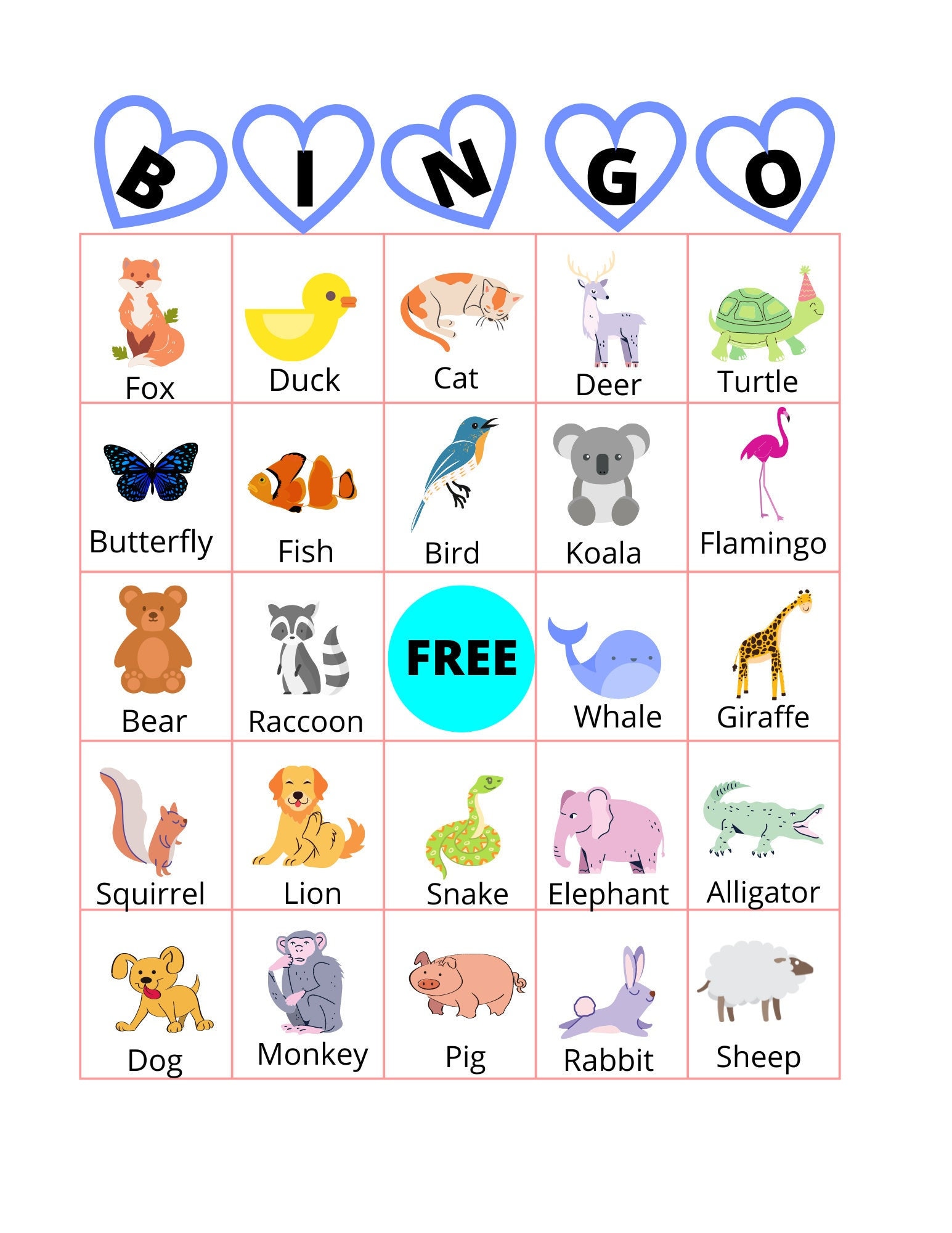 Bingo Calling Cards, Printable Bingo Game With Large Cards, Animal